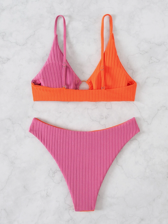 Swim Vcay Colorblock Ribbed Bikini Set Ring Linked Cami Bra & Bikini Bottom 2 Piece Bathing Suit