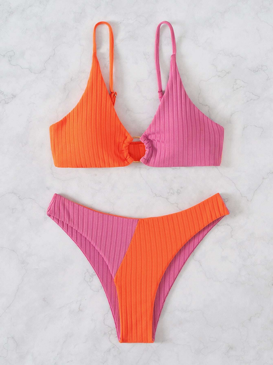 Swim Vcay Colorblock Ribbed Bikini Set Ring Linked Cami Bra & Bikini Bottom 2 Piece Bathing Suit