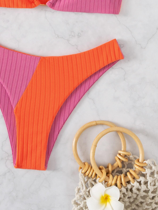 Swim Vcay Colorblock Ribbed Bikini Set Ring Linked Cami Bra & Bikini Bottom 2 Piece Bathing Suit