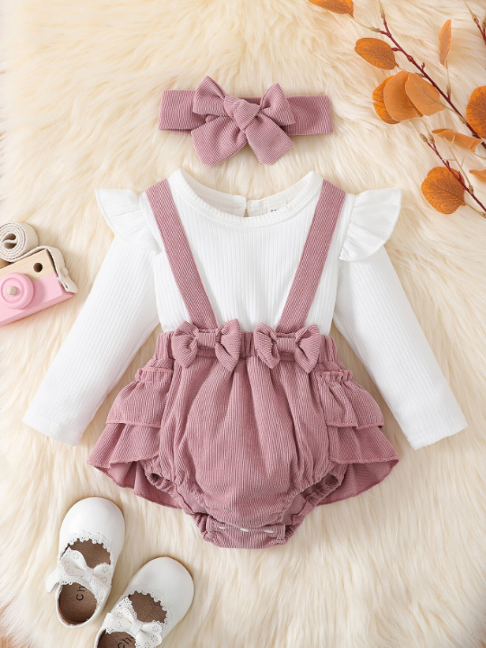 Baby Girl Colorblock Bow Front Ruffle Trim Bodysuit With Headband