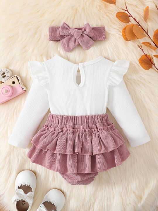 Baby Girl Colorblock Bow Front Ruffle Trim Bodysuit With Headband