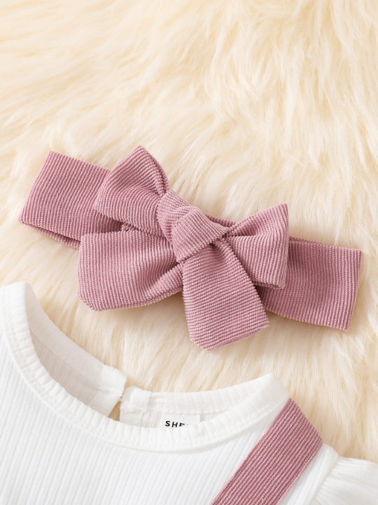 Baby Girl Colorblock Bow Front Ruffle Trim Bodysuit With Headband