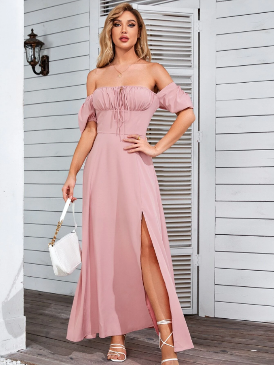 PARTHEA Puff Sleeve Tie Front Off Shoulder Slit Thigh Dress