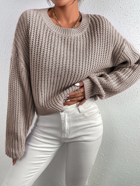 Frenchy Solid Ribbed Knit Drop Shoulder Sweater