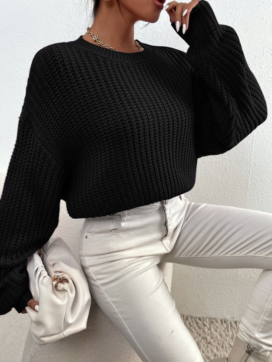 Frenchy Solid Ribbed Knit Drop Shoulder Sweater