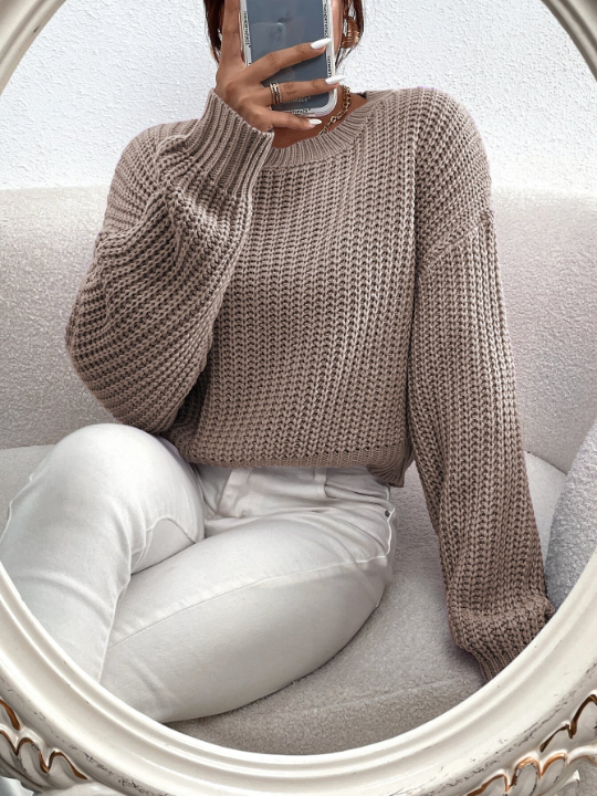 Frenchy Solid Ribbed Knit Drop Shoulder Sweater