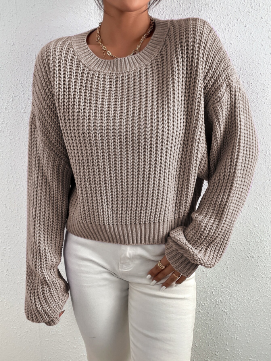 Frenchy Solid Ribbed Knit Drop Shoulder Sweater