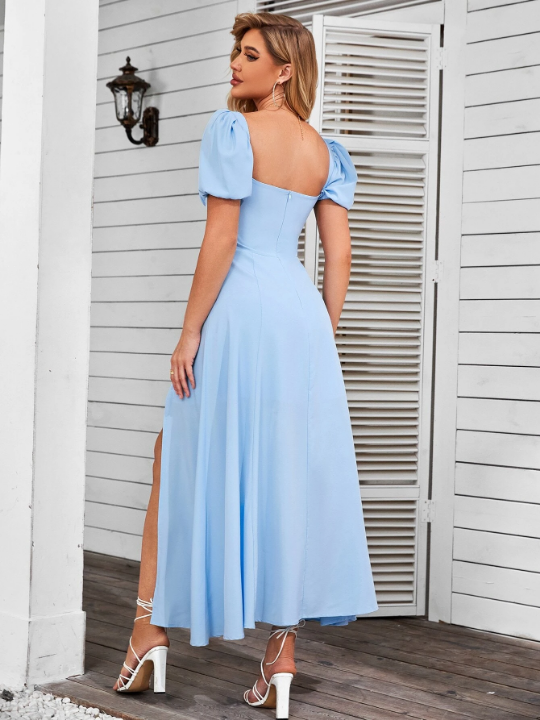 Puff Sleeve Tie Front Off Shoulder Slit Thigh Maxi Dress