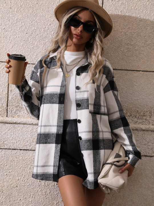 LUNE Plaid Print Drop Shoulder Coat