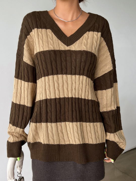 DAZY Color Block Drop Shoulder Cable Knit Sweater