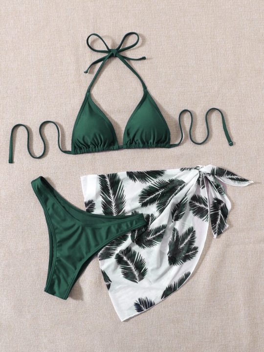 Leaf Print Bikini Set Halter Triangle Bra & High Cut Bottom & Cover Up Skirt 3 Piece Bathing