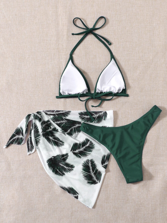 Leaf Print Bikini Set Halter Triangle Bra & High Cut Bottom & Cover Up Skirt 3 Piece Bathing