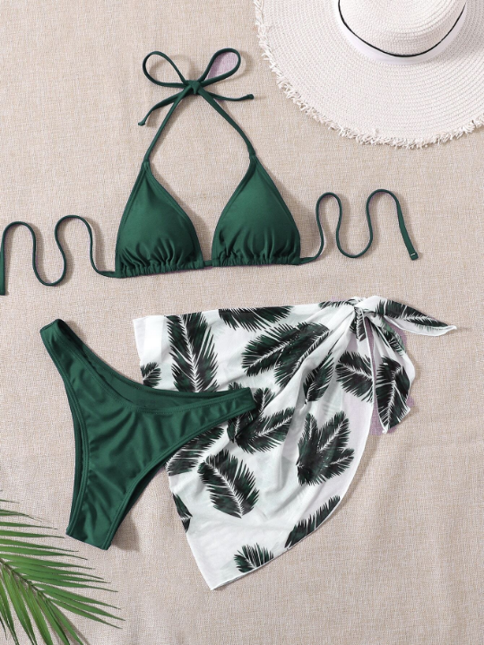 Leaf Print Bikini Set Halter Triangle Bra & High Cut Bottom & Cover Up Skirt 3 Piece Bathing