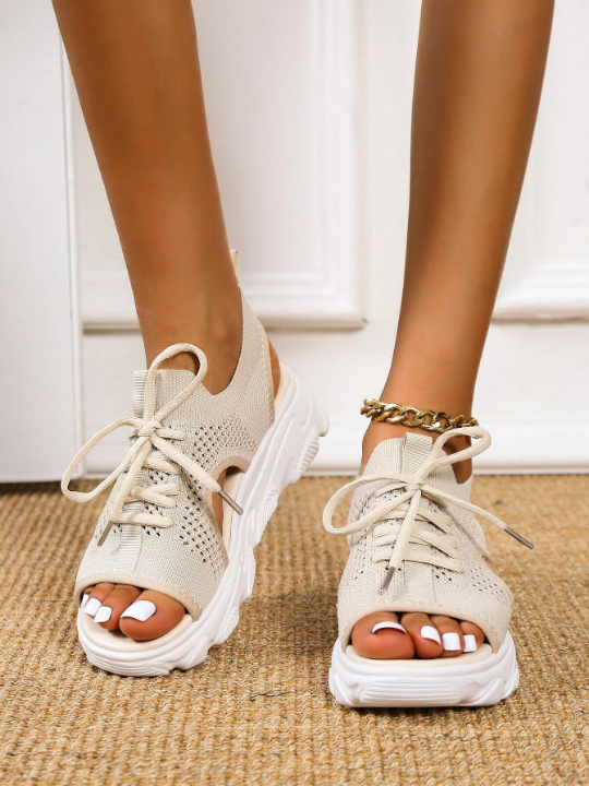 Sporty Beige Sandals For Women, Cut Out Lace Up Front Sports Sandals