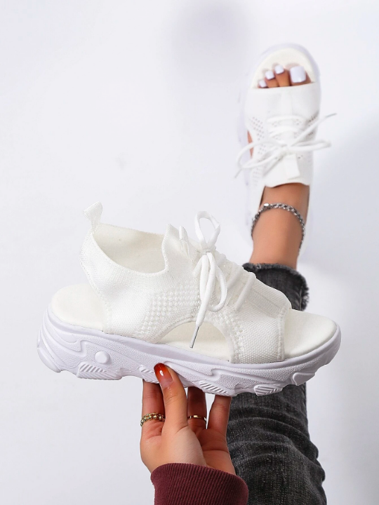 Women's White Sports Hollow Out Design Lace-up Sneakers