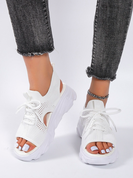 Women's White Sports Hollow Out Design Lace-up Sneakers