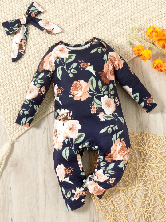 Baby Girl Floral Print Jumpsuit & Headband