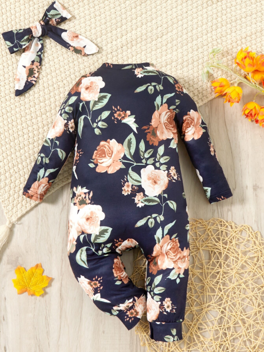 Baby Girl Floral Print Jumpsuit & Headband