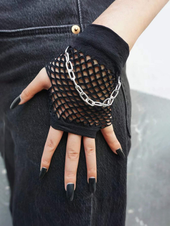 Chain Decor Fishnet Gloves