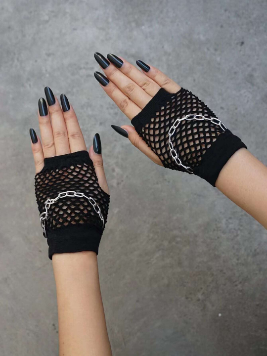 Chain Decor Fishnet Gloves