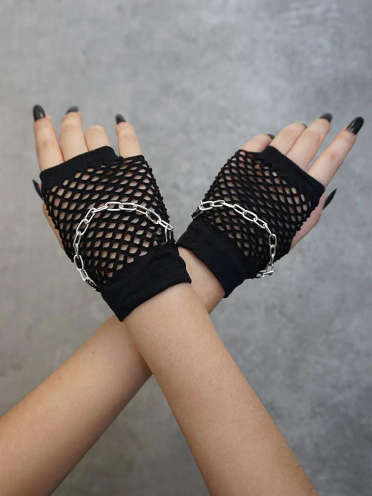 Chain Decor Fishnet Gloves