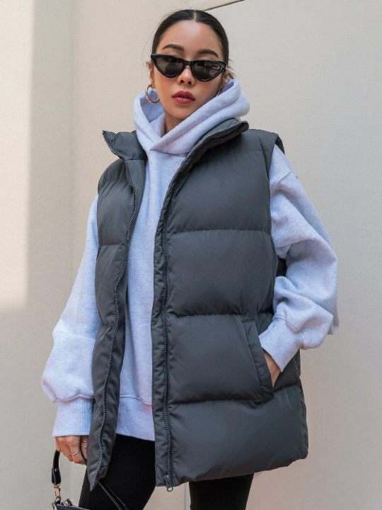 DAZY Slant Pockets Vest Puffer Pockets Coat Without Sweatshirt