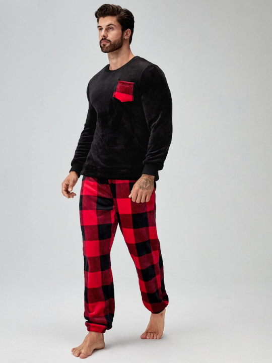 Men Buffalo Plaid Patched Pocket PJ Set