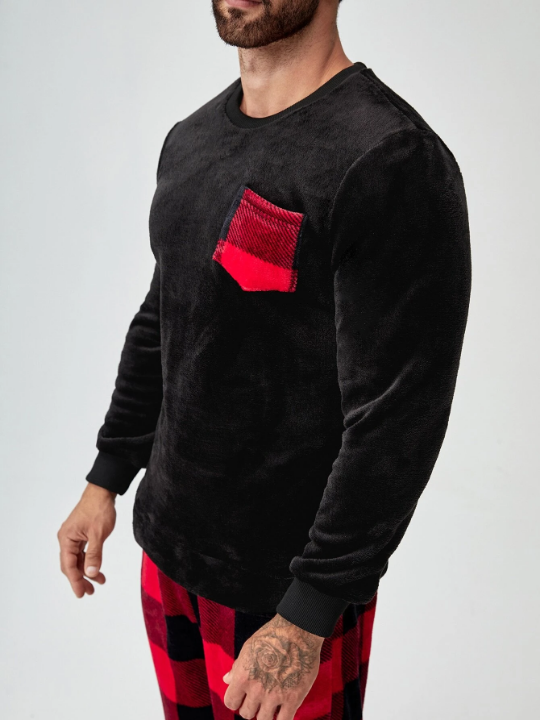 Men Buffalo Plaid Patched Pocket PJ Set