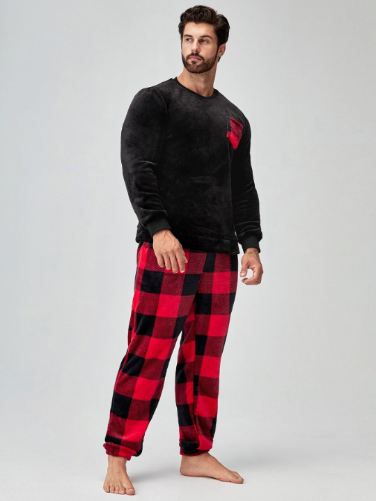 Men Buffalo Plaid Patched Pocket PJ Set