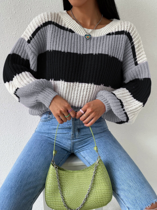 Essnce Colorblock Rib-knit Bishop Sleeve Sweater