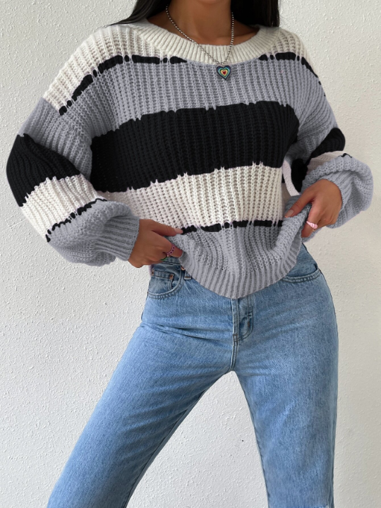 Essnce Colorblock Rib-knit Bishop Sleeve Sweater