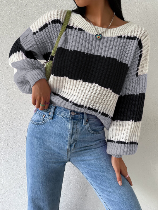 Essnce Colorblock Rib-knit Bishop Sleeve Sweater