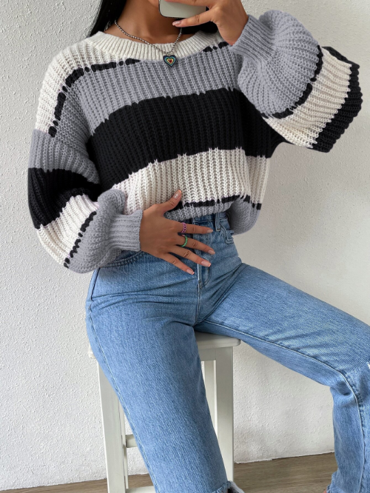 Essnce Colorblock Rib-knit Bishop Sleeve Sweater