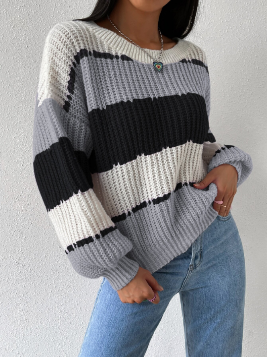 Essnce Colorblock Rib-knit Bishop Sleeve Sweater