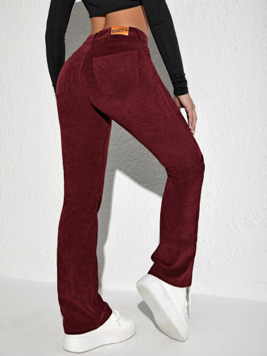 Letter Patched Flare Leg Corduroy Pants