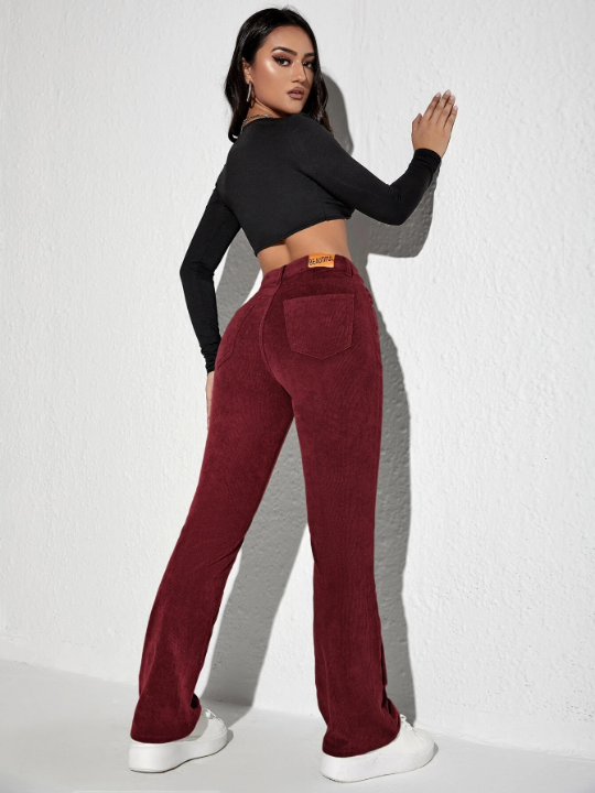 Letter Patched Flare Leg Corduroy Pants