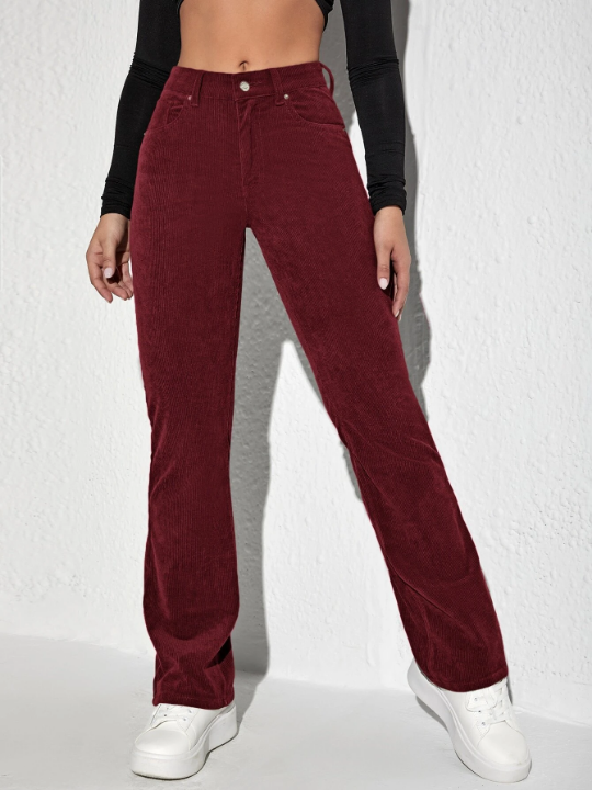 Letter Patched Flare Leg Corduroy Pants