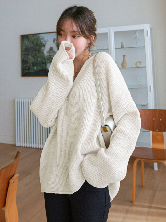 DAZY Drop Shoulder Ribbed Knit Sweater