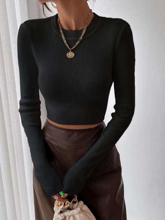 Frenchy Solid Ribbed Knit Crop Sweater