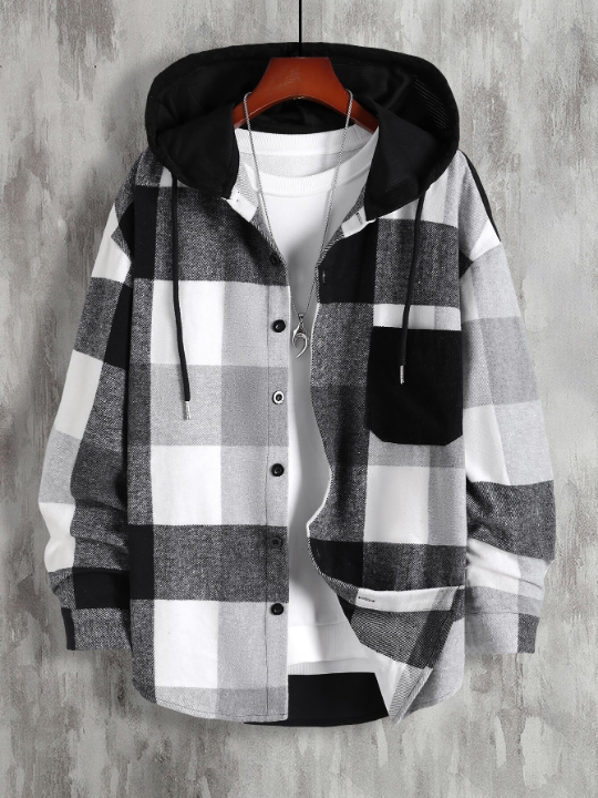 Manfinity Hypemode Loose Men's Plaid Printed Drawstring Hooded Overcoat, 1pc