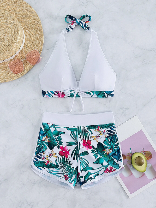 Swim Vcay Tropical Print Bikini Set Halter Bra & Boxer Shorts 2 Piece Swimsuit