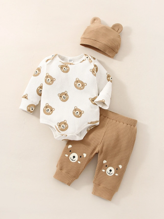 Newborn Baby Boy Cartoon Graphic Bodysuit & Pants & Hat