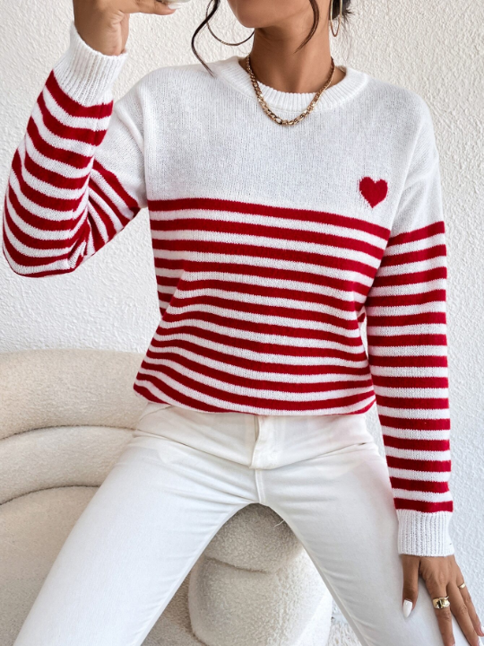 Essnce Heart & Stripe Pattern Drop Shoulder Sweater