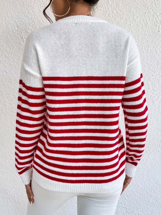 Essnce Heart & Stripe Pattern Drop Shoulder Sweater