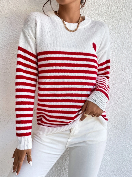 Essnce Heart & Stripe Pattern Drop Shoulder Sweater