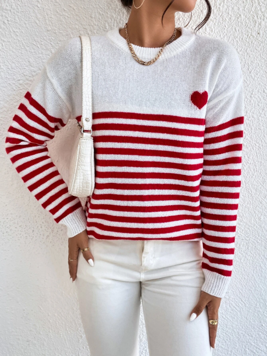 Essnce Heart & Stripe Pattern Drop Shoulder Sweater