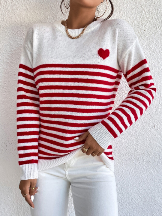 Essnce Heart & Stripe Pattern Drop Shoulder Sweater