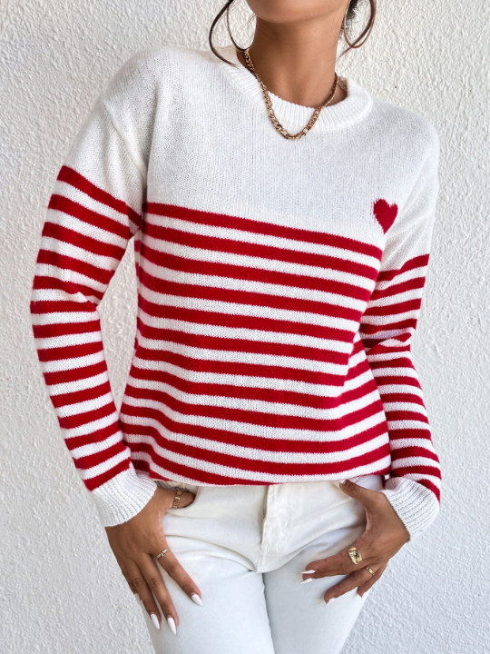 Essnce Heart & Stripe Pattern Drop Shoulder Sweater