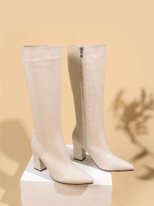 Zipper Side Point Toe Chunky Heeled Classic Boots