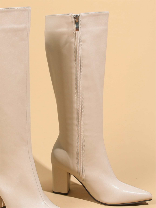 Zipper Side Point Toe Chunky Heeled Classic Boots